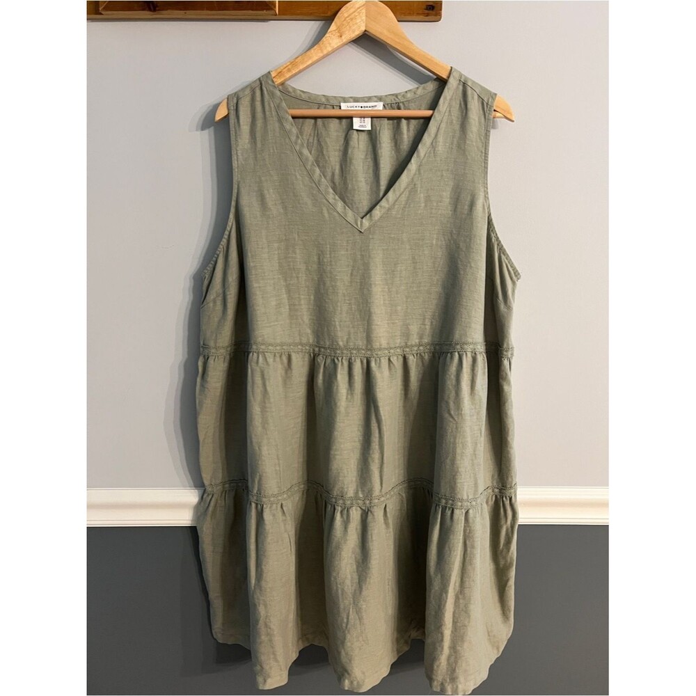 Lucky Brand 100% Linen Tiered Shift Dress Sage Green 1X Sleeveless